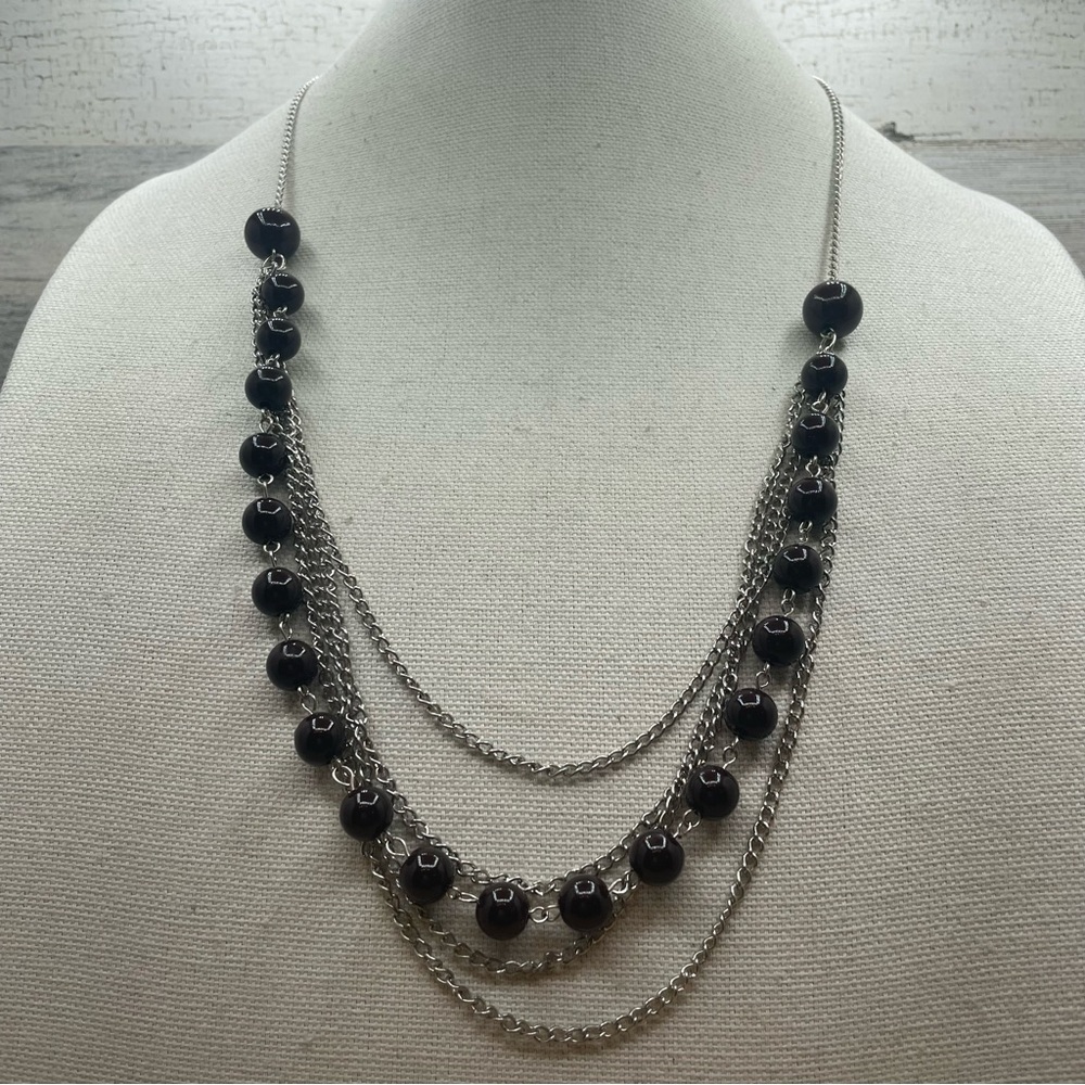 Cute Unsigned Silver Tone Brown Acrylic Pearl Multi Layer Chain Necklace